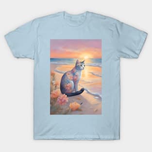 Floral Pastel Cat With Beach Sunset T-Shirt